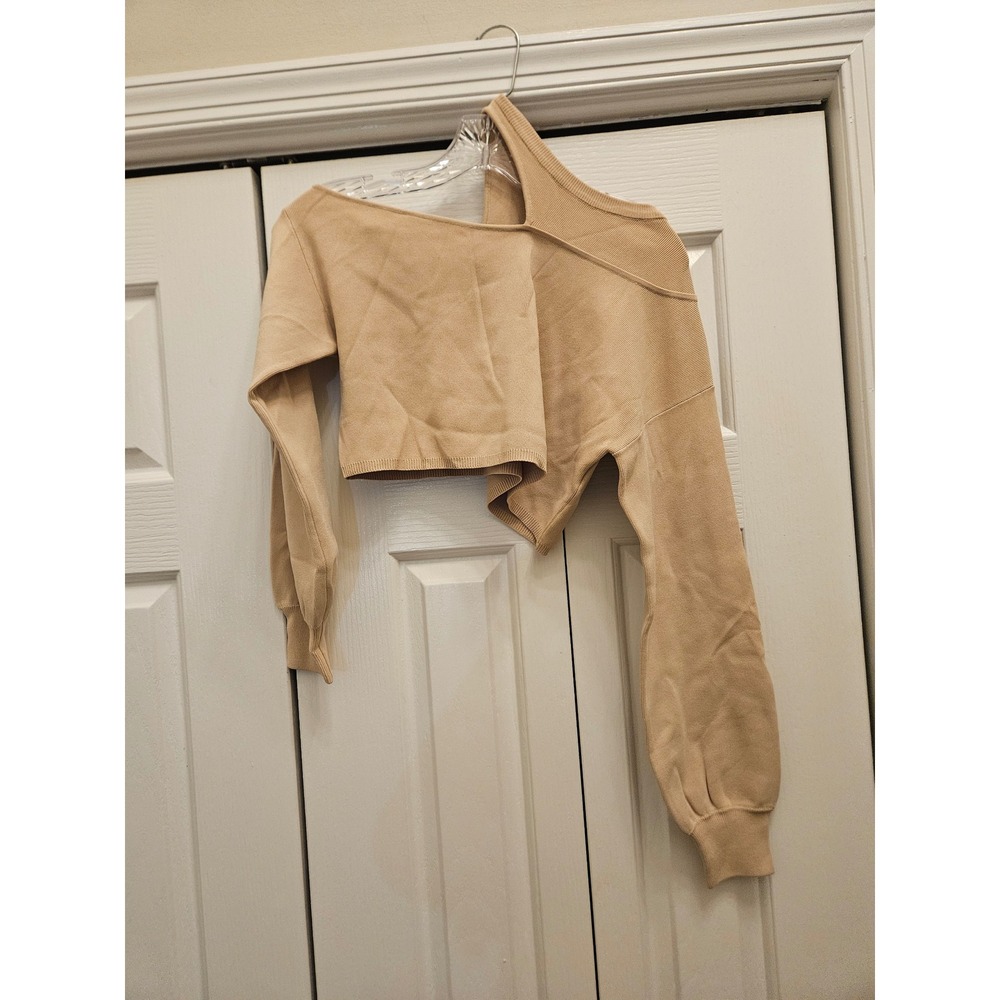 Michael Costello x REVOLVE Asymmetric One Shoulder Knit Crop Top Tan Beige XS